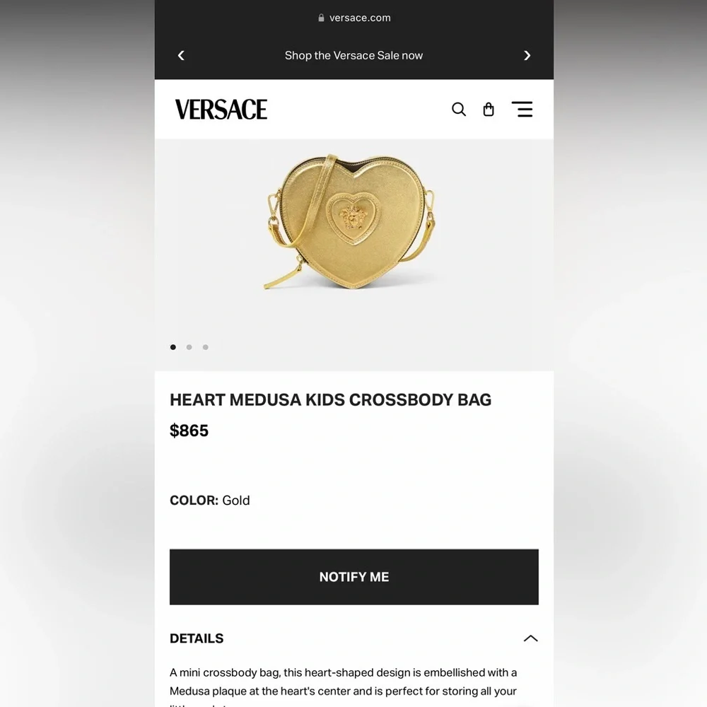 NWT Versace Heart Medusa Crossbody Strap Bag Gold Leather Kids Purse Logo Plaque